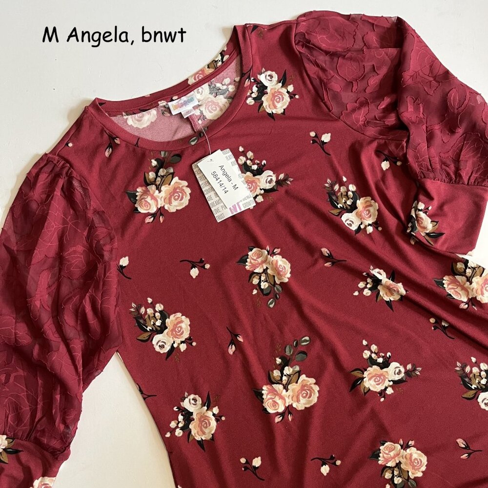 Medium Lularoe Angela mixed-media dress, red with pink roses